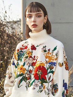 花卉刺绣高领毛衣模特展示