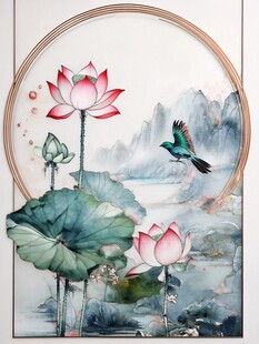 中式水墨荷花飞鸟图