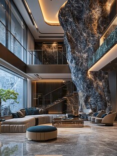 现代奢华双层挑高岩景客厅