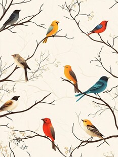 枝头多彩鸟儿的和谐画面