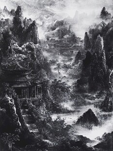 水墨山水间的古韵楼阁