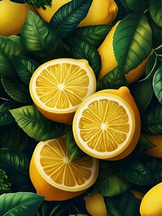 新鲜柠檬与绿叶的视觉盛宴