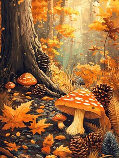秋日森林中的蘑菇奇幻景象