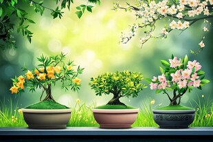 三盆精致盆景绽放生机