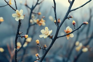 枝头绽放的素雅黄梅花