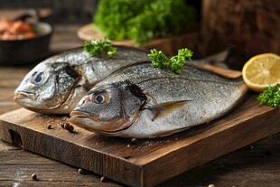 新鲜海鱼摆于木板上