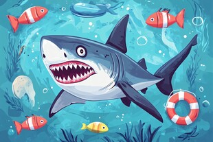 卡通鲨鱼畅游多彩海底世界