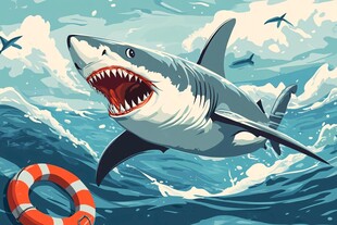 鲨鱼跃浪 救生圈相伴
