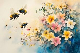 蜜蜂飞舞于绚烂花丛中