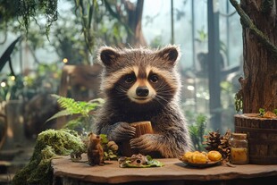 浣熊在森林中享用美食