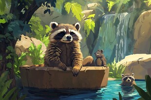 浣熊家族的惬意水边时光