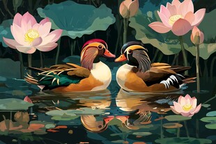 荷塘中相依的一对鸳鸯