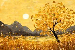 秋日独树映夕阳美景