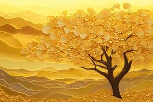 金色发财树与山峦美景