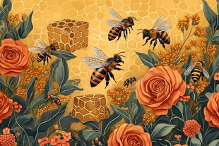 蜜蜂花丛间采蜜插画