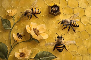 蜜蜂与花朵在蜂巢旁飞舞