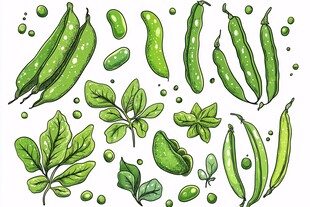 手绘青豌豆及叶片素材图