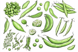 手绘青嫩豌豆及豆荚集合