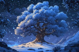 梦幻蓝树之夜景星空