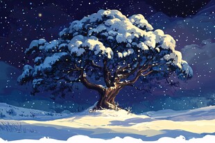雪夜孤树 梦幻星空景象