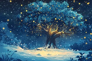 梦幻夜雪树与飞舞萤火虫