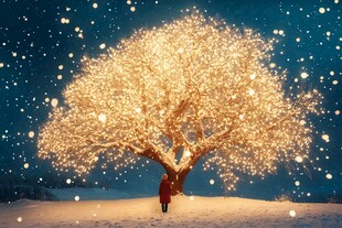 雪夜中梦幻发光的许愿树