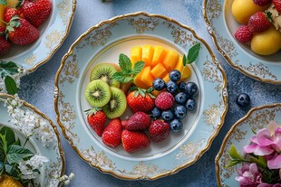 精致果盘摆放在复古瓷盘上