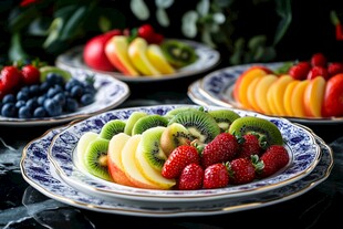 多彩水果拼盘装点精致餐盘