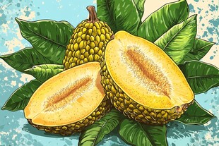 手绘美味菠萝蜜与绿叶