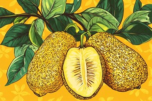 手绘黄色木菠萝及枝叶