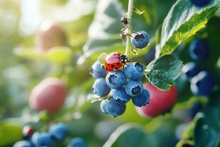 蓝莓枝上的瓢虫与果实
