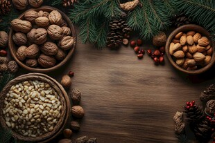 圣诞风坚果摆放在木桌上