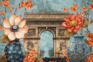 花瓶花卉环绕的凯旋门图景