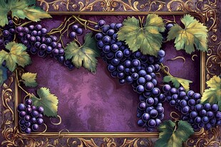 华丽边框中的紫葡萄与叶