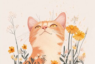 橘猫在花丛中惬意微笑