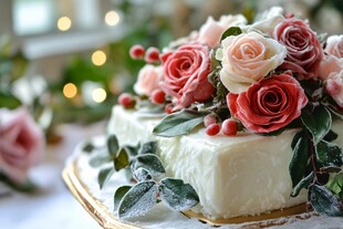 玫瑰装饰的精美奶油蛋糕