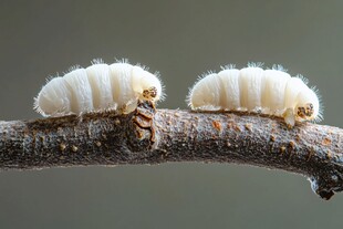 两只蚕宝宝栖于树枝上