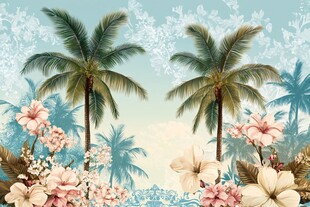 热带风情花卉与棕榈树图景
