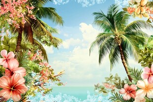 热带海岛花卉风景图