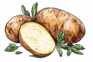 手绘新鲜土豆与绿叶