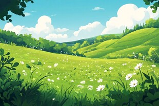 春日绿野繁花田园风光图