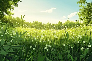 春日绿野繁花风景图