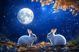 月夜双兔共赏浪漫秋景