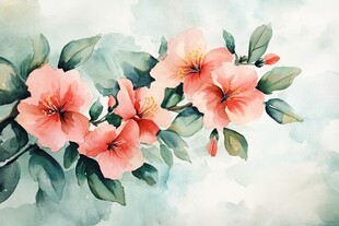 水彩绘粉色花卉枝头绽放