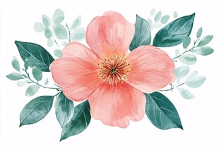 粉色花卉与绿叶插画