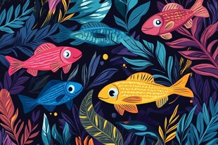 多彩鱼儿畅游奇幻植物间