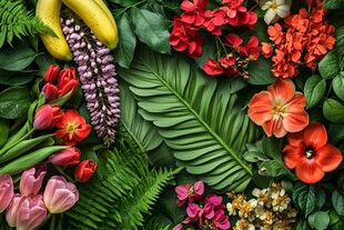 缤纷花卉与鲜蕉的自然组合