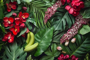热带花卉与绿叶的美妙组合