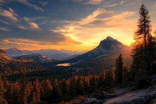 夕阳下的山林与巍峨山峰