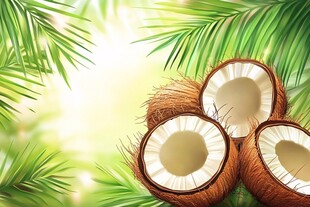 新鲜椰子与翠绿棕榈叶